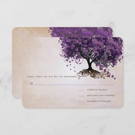 Cartons Réponse Mariage simple Peachy Purple Cardiaque Leaf Arbre (Devant / Derrière)