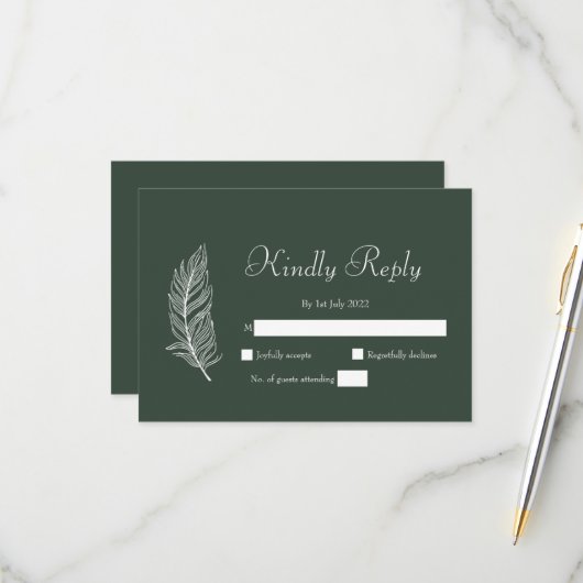 Cartons Réponse Mariage simple vert foncé et blanc ROE (Devant/Arrière en situation)