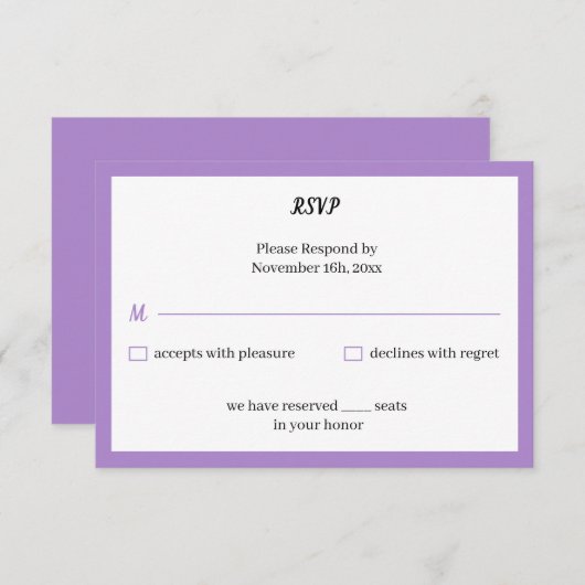 Cartons Réponse Mariage simple violet (Devant / Derrière)