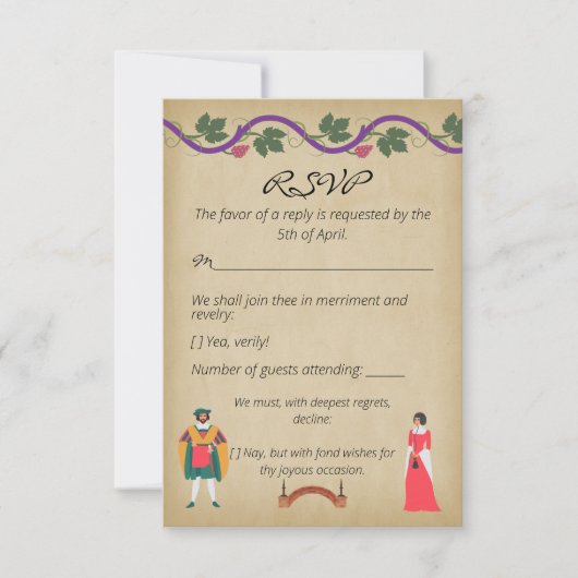Cartons Réponse Mariage sur papier vélin médiéval à motif de vigne (Devant)