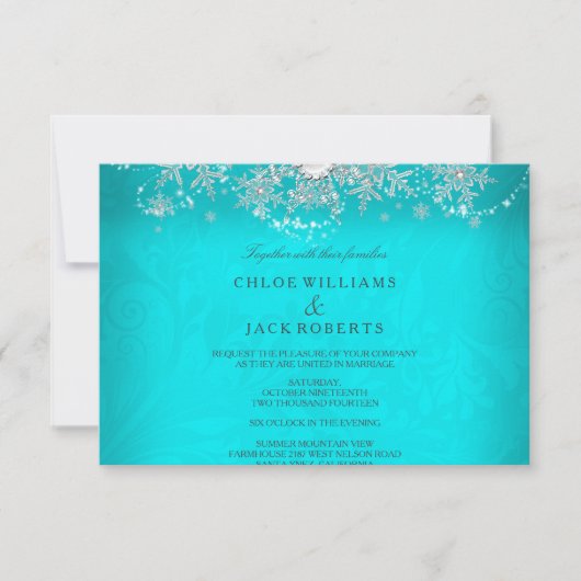 Cartons Réponse Mariage Turquoise Cristal Perle Flocon de Neige Ar (Devant)