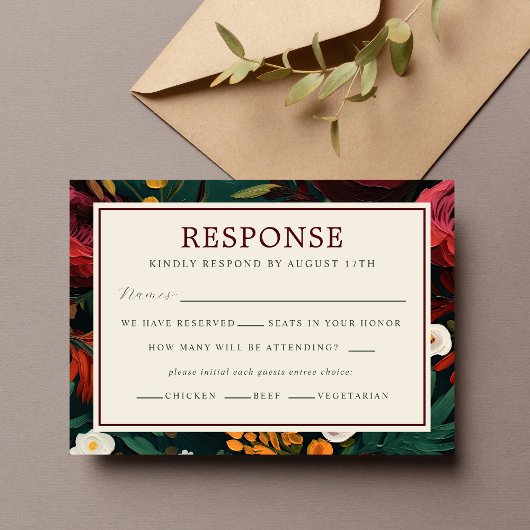 Cartons Réponse Mariage Turquoise floral peint bleu foncé bordeaux