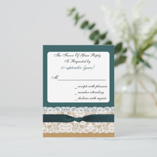 Cartons Réponse Mariage turquoise Lace et Burlap (Debout devant)