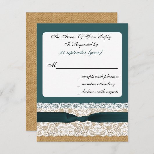Cartons Réponse Mariage turquoise Lace et Burlap (Devant / Derrière)