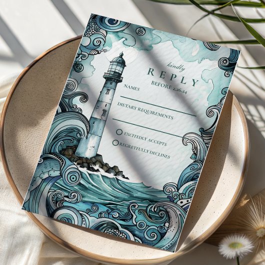 Cartons Réponse Mariage Vague de Phare Côtiers
