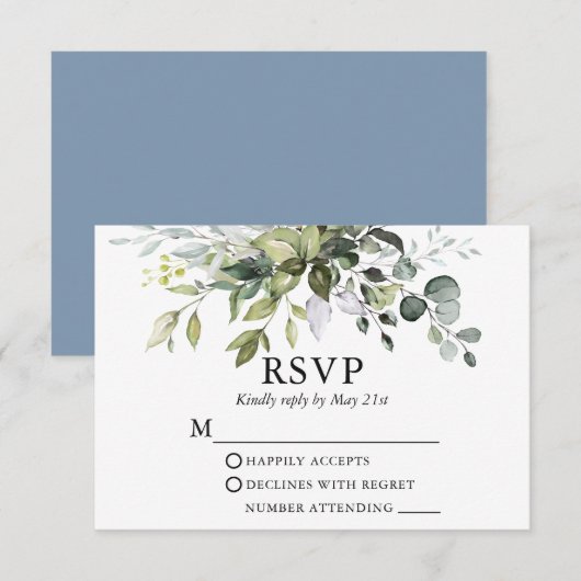 Cartons Réponse Mariage verdure aquarelle bleu poussiéreux (Devant / Derrière)