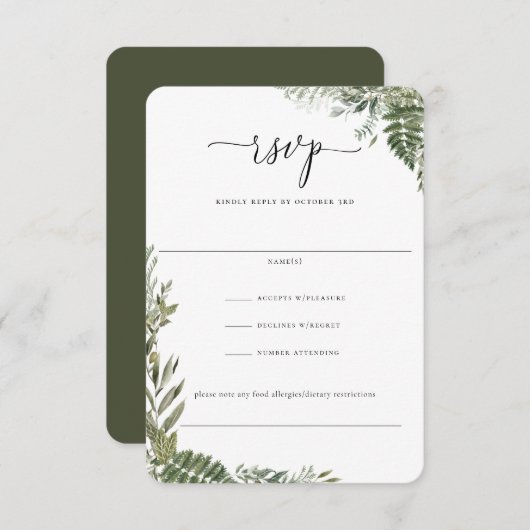 Cartons Réponse Mariage vert d'olive du feuillage botanique (Devant / Derrière)