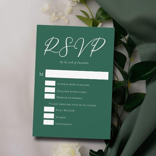 Cartons Réponse Mariage vert Emerald avec choix de repas