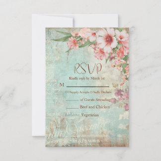 Cartons Réponse Mariage vintage rose et vert avec code QR