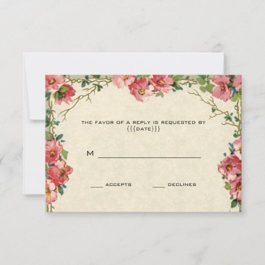 Cartons Réponse Mariage vintage RSVP, Fleurs florales Roses roses (Devant)