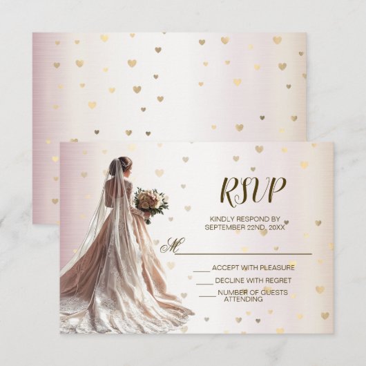 Cartons Réponse Mariée d'hiver rose Golden Shiny Hearts (Devant / Derrière)