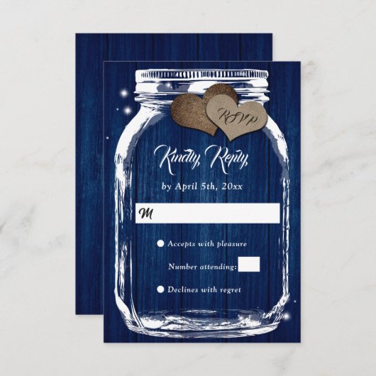 Cartons Réponse Marine Bleu Rustique Grange Bois Mason Jar Mariage (Devant / Derrière)