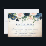 Cartons Réponse Marine Blue Blush Rose Rustic Country Botanique<br><div class="desc">Belle boho fleurie rustique grange mariage en bois RSVP carte avec choix de repas caractéristiques aquarelle peinte à la main graphismes floraux / roses dans les tons riches de bleu marine et rose rousse / pêche et charmante lettre à la main police. Veuillez me contacter pour toute aide sur la...</div>