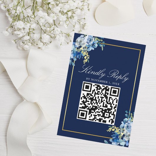 Cartons Réponse Marine Blue Gold Floral Elegant Qr Code Mariage