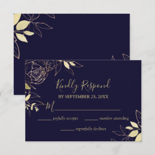Cartons Réponse Marine Blue & Gold Peony Moderne Floral Mariage