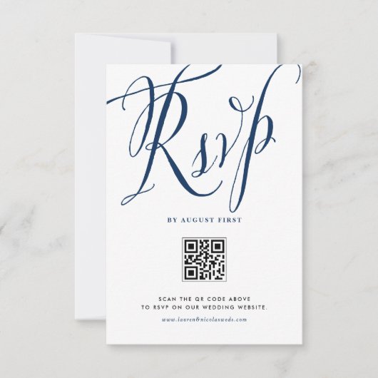 Cartons Réponse Marine Blue Rustic Calligraphie Code QR Mariage (Devant)