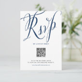Cartons Réponse Marine Blue Rustic Calligraphie Code QR Mariage (Debout devant)