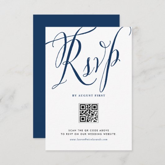 Cartons Réponse Marine Blue Rustic Calligraphie Code QR Mariage (Devant / Derrière)
