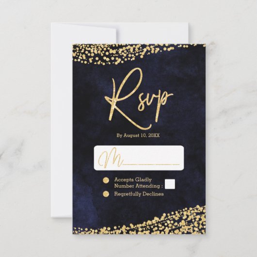 Cartons Réponse Marine Blue Watercolor & Gold Confetti Wedding RSV (Devant)