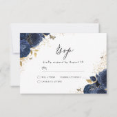 Cartons Réponse Marine Indigo Blue & Gold Floral Mariage (Devant)