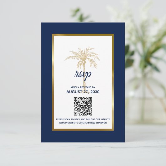 Cartons Réponse Marine moderne Blue Gold Palm Tree Mariage moderne (Debout devant)