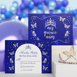 Cartons Réponse Marine moderne Blue Gold Tiara Butterfly Quinceañe