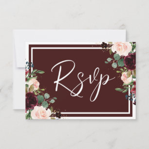 Cartons Réponse Maroon Bourgogne Rouge Vin & Fleurs Rouges Mariage