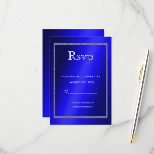 Cartons Réponse Masculine Cadre bleu et Parties scintillant 50e an (Devant/Arrière en situation)