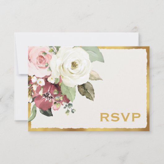 Cartons Réponse Mauve Florals rose Luxe Gold Edge Mariage (Devant)