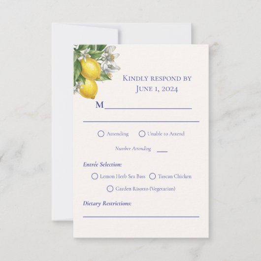 Cartons Réponse Mediterranean Blue Tile & Lemon Branch Wedding (Devant)
