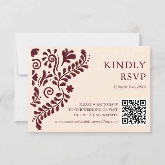 Cartons Réponse Mexican Burgundy Wedding QR Code (Devant)