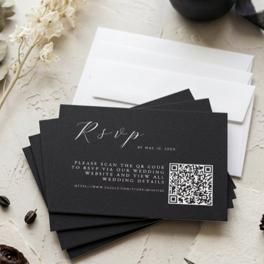 Cartons Réponse Minimalist Black Elegant Wedding w QR Code