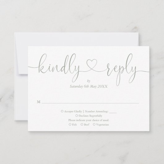 Cartons Réponse Modern Sage Green Script Heart Répondre Kindly (Devant)