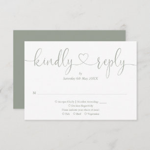 Cartons Réponse Modern Sage Green Script Heart Répondre Kindly