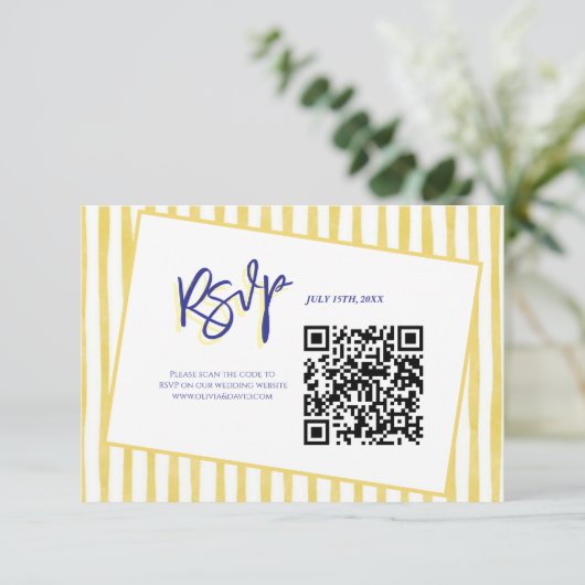 Cartons Réponse Modern Yellow Hand Written Stripe QR Code Wedding (Debout devant)
