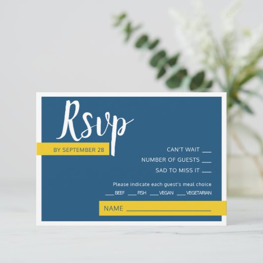 Cartons Réponse Moderne Contemporain bleu & jaune mariage minimal (Debout devant)