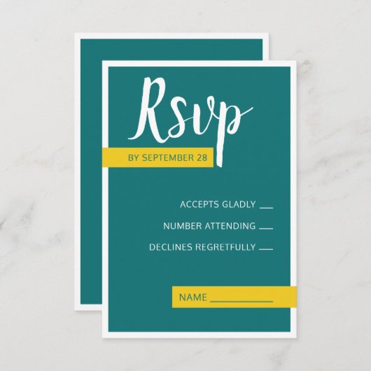 Cartons Réponse Moderne Contemporain vert & jaune mariage minimal (Devant / Derrière)
