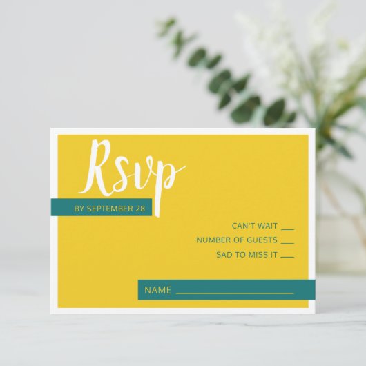 Cartons Réponse Moderne Contemporain vert & jaune mariage minimal (Debout devant)