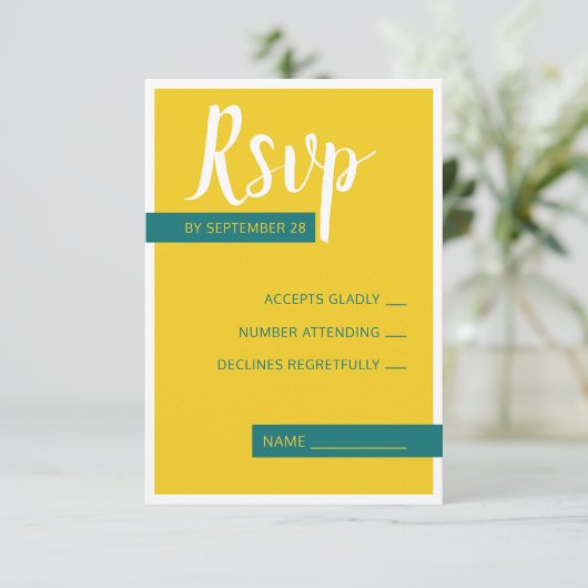 Cartons Réponse Moderne Contemporain vert & jaune mariage minimal (Debout devant)