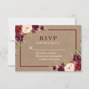 Cartons Réponse Moderne Elégant Bourgogne Floral Mariage Kraft