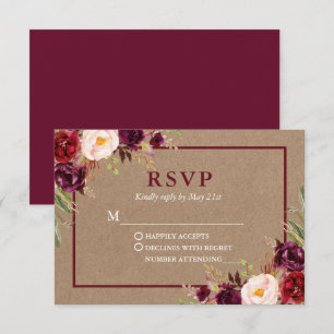 Cartons Réponse Moderne Elégant Bourgogne Floral Mariage Kraft