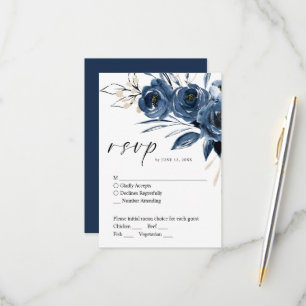 Cartons Réponse Moderne Élégant Floral Bleu Marine Écriture Mariag