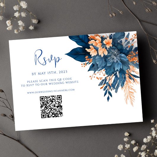 Cartons Réponse Moderne Floral Indigo Rust QR Code Mariage