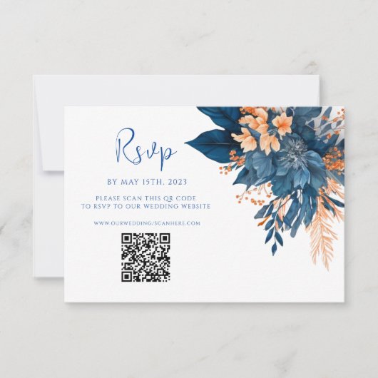 Cartons Réponse Moderne Floral Indigo Rust QR Code Mariage (Devant)