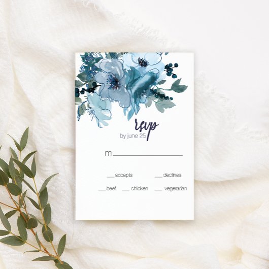 Cartons Réponse Moderne Pastel Blue Watercolor Rose Mariage