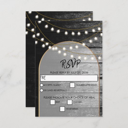 Cartons Réponse Moderne Rustique Noir Bois Lumière Arc Mariage (Devant / Derrière)