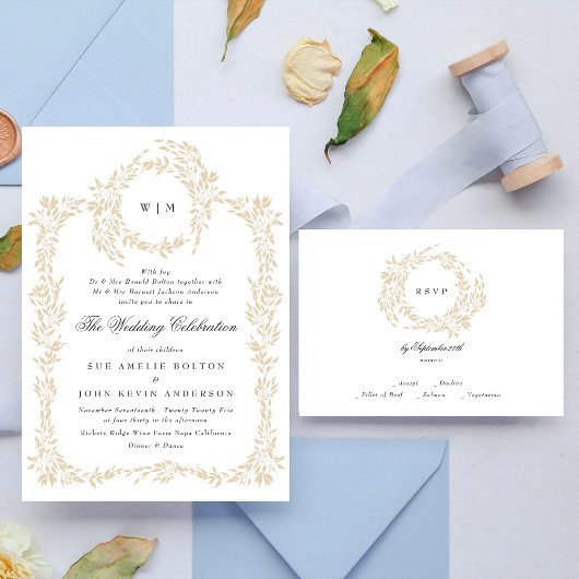 Cartons Réponse Monogram Blush Crest traditionnel Mariage élégant