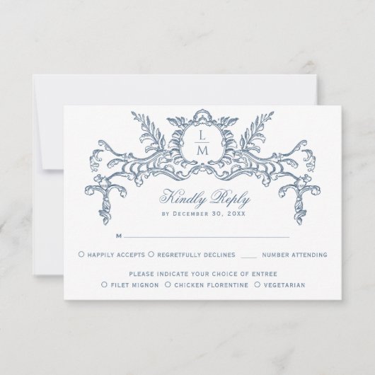 Cartons Réponse Monogramme baroque Orné Bleu Français (Devant)