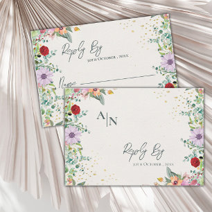 Cartons Réponse Monogramme Chic Fleur sauvage d'aquarelle Mariage