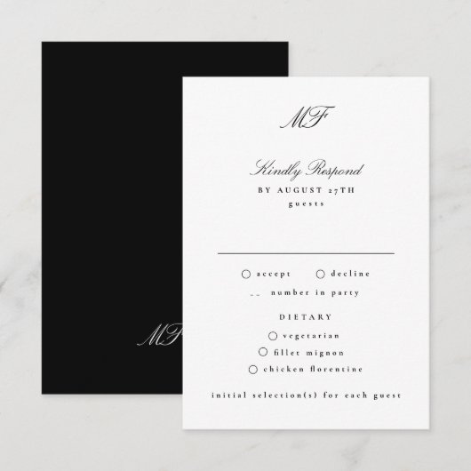 Cartons Réponse Monogramme classique noir Mariage blanc (Devant / Derrière)